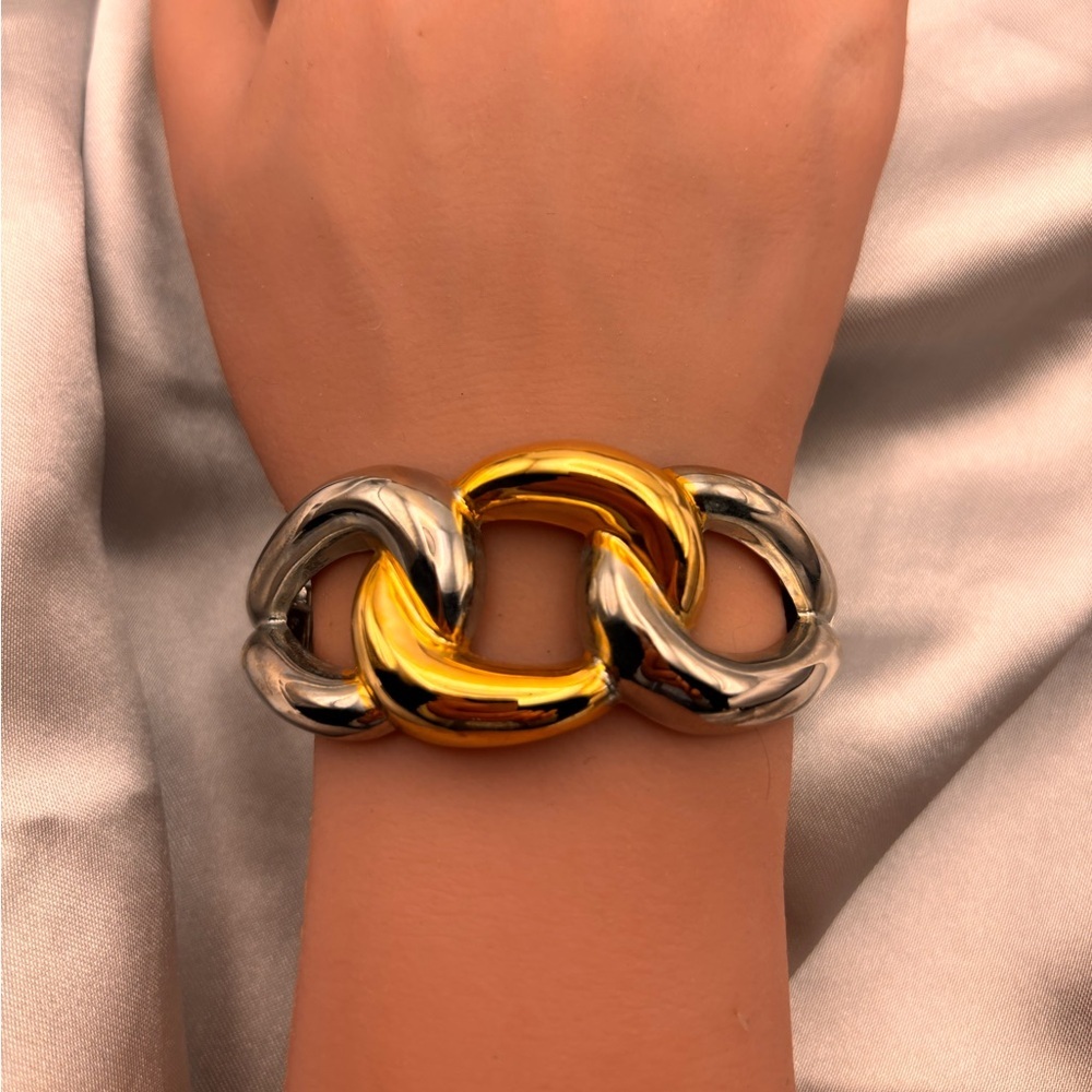 Bold Two-Tone Link Hinge Cuff Bangle Bracelet - Picture 5 of 12